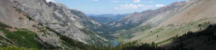Banner: Kennedy Lake South of Sonora Pass in the Emigrant Wilderness. Viewed from Big Sam, heading South into the Emigrant Basin